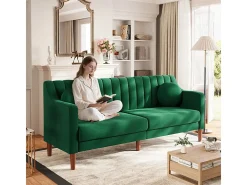 Sofá 3 lugares de veludo - pés de madeira maciça 19cm - com 2 almofadas - 206x74x83cm - Verde