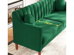 Sofá 3 lugares de veludo - pés de madeira maciça 19cm - com 2 almofadas - 206x74x83cm - Verde