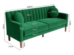 Sofá 3 lugares de veludo - pés de madeira maciça 19cm - com 2 almofadas - 206x74x83cm - Verde