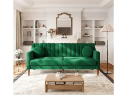 Sofá 3 lugares de veludo - pés de madeira maciça 19cm - com 2 almofadas - 206x74x83cm - Verde