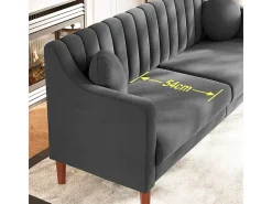 Sofá 3 lugares de veludo - pés de madeira maciça 19cm - com 2 almofadas - 206x74x83cm - Cinza