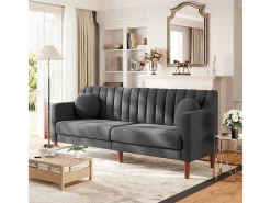 Sofá 3 lugares de veludo - pés de madeira maciça 19cm - com 2 almofadas - 206x74x83cm - Cinza