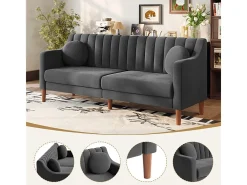 Sofá 3 lugares de veludo - pés de madeira maciça 19cm - com 2 almofadas - 206x74x83cm - Cinza