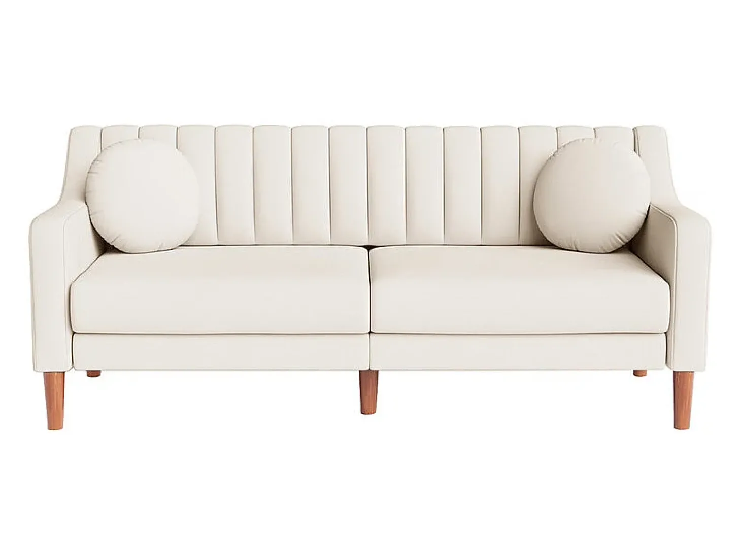Sofá 3 lugares de veludo - pés de madeira maciça 19cm - com 2 almofadas - 206x74x83cm - Bege