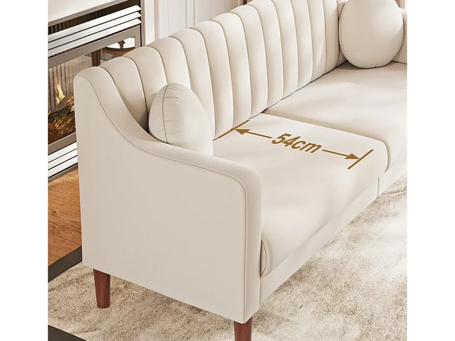 Sofá 3 lugares de veludo - pés de madeira maciça 19cm - com 2 almofadas - 206x74x83cm - Bege