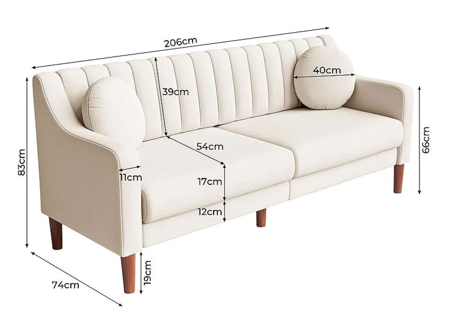 Sofá 3 lugares de veludo - pés de madeira maciça 19cm - com 2 almofadas - 206x74x83cm - Bege