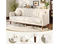 Sofá 3 lugares de veludo - pés de madeira maciça 19cm - com 2 almofadas - 206x74x83cm - Bege