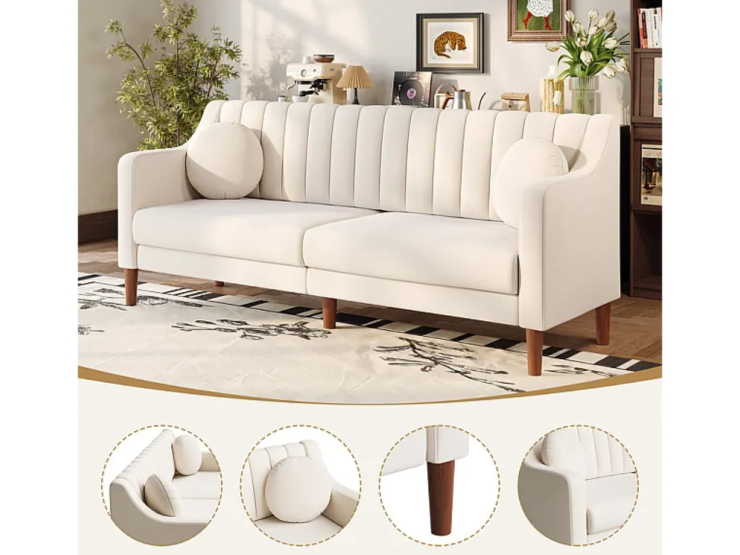 Sofá 3 lugares de veludo - pés de madeira maciça 19cm - com 2 almofadas - 206x74x83cm - Bege