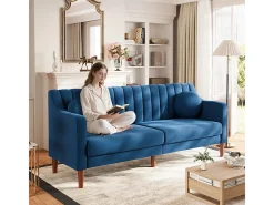 Sofá 3 lugares de veludo - pés de madeira maciça 19cm - com 2 almofadas - 206x74x83cm - Azul