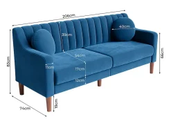 Sofá 3 lugares de veludo - pés de madeira maciça 19cm - com 2 almofadas - 206x74x83cm - Azul
