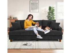 Sofá 3 Lugares de Veludo Cotelê, com 2 Almofadas, assentos extra profundos 53cm, 220x76x84cm, Preto