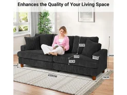 Sofá 3 Lugares de Veludo Cotelê, com 2 Almofadas, assentos extra profundos 53cm, 220x76x84cm, Preto