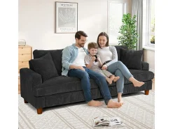 Sofá 3 Lugares de Veludo Cotelê, com 2 Almofadas, assentos extra profundos 53cm, 220x76x84cm, Preto