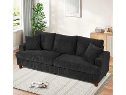 Sofá 3 Lugares de Veludo Cotelê, com 2 Almofadas, assentos extra profundos 53cm, 220x76x84cm, Preto