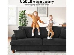 Sofá 3 Lugares de Veludo Cotelê, com 2 Almofadas, assentos extra profundos 53cm, 220x76x84cm, Preto