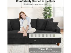 Sofá 3 Lugares de Veludo Cotelê, com 2 Almofadas, assentos extra profundos 53cm, 220x76x84cm, Preto