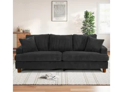 Sofá 3 Lugares de Veludo Cotelê, com 2 Almofadas, assentos extra profundos 53cm, 220x76x84cm, Preto