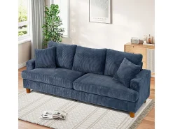 Sofá 3 Lugares de Veludo Cotelê, com 2 Almofadas, assentos extra profundos 53cm, 220x76x84cm, Azul