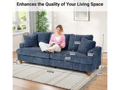 Sofá 3 Lugares de Veludo Cotelê, com 2 Almofadas, assentos extra profundos 53cm, 220x76x84cm, Azul