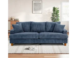 Sofá 3 Lugares de Veludo Cotelê, com 2 Almofadas, assentos extra profundos 53cm, 220x76x84cm, Azul