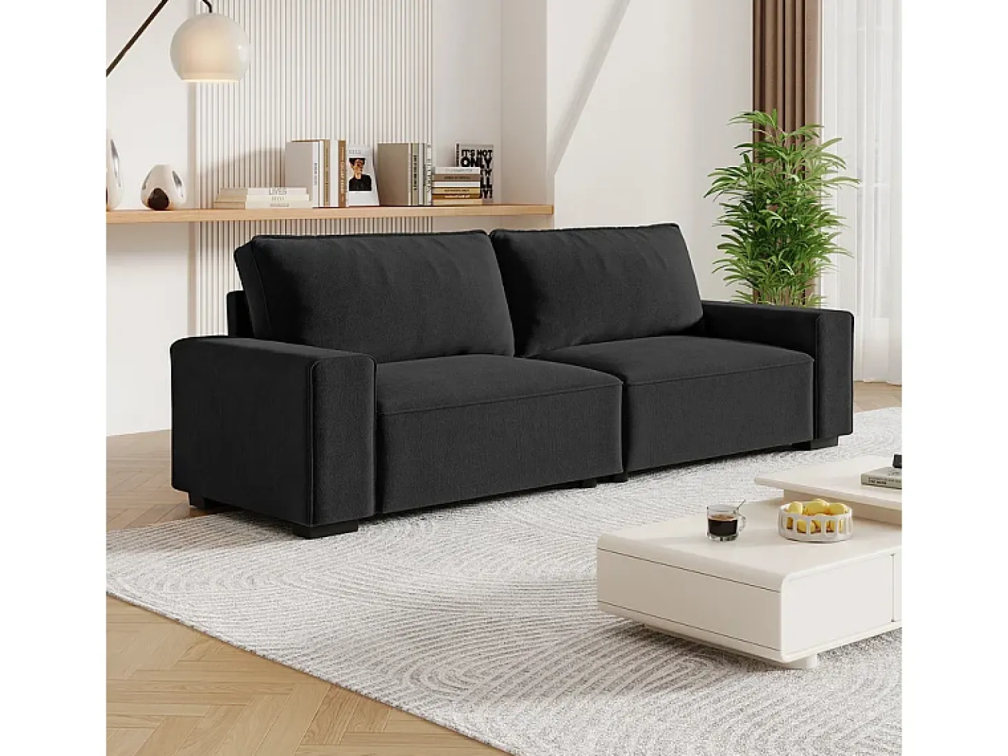 Sofá 3 lugares em chenille preto - com grandes braços - assento profundo 55cm - 220 x 83 x 88 cm