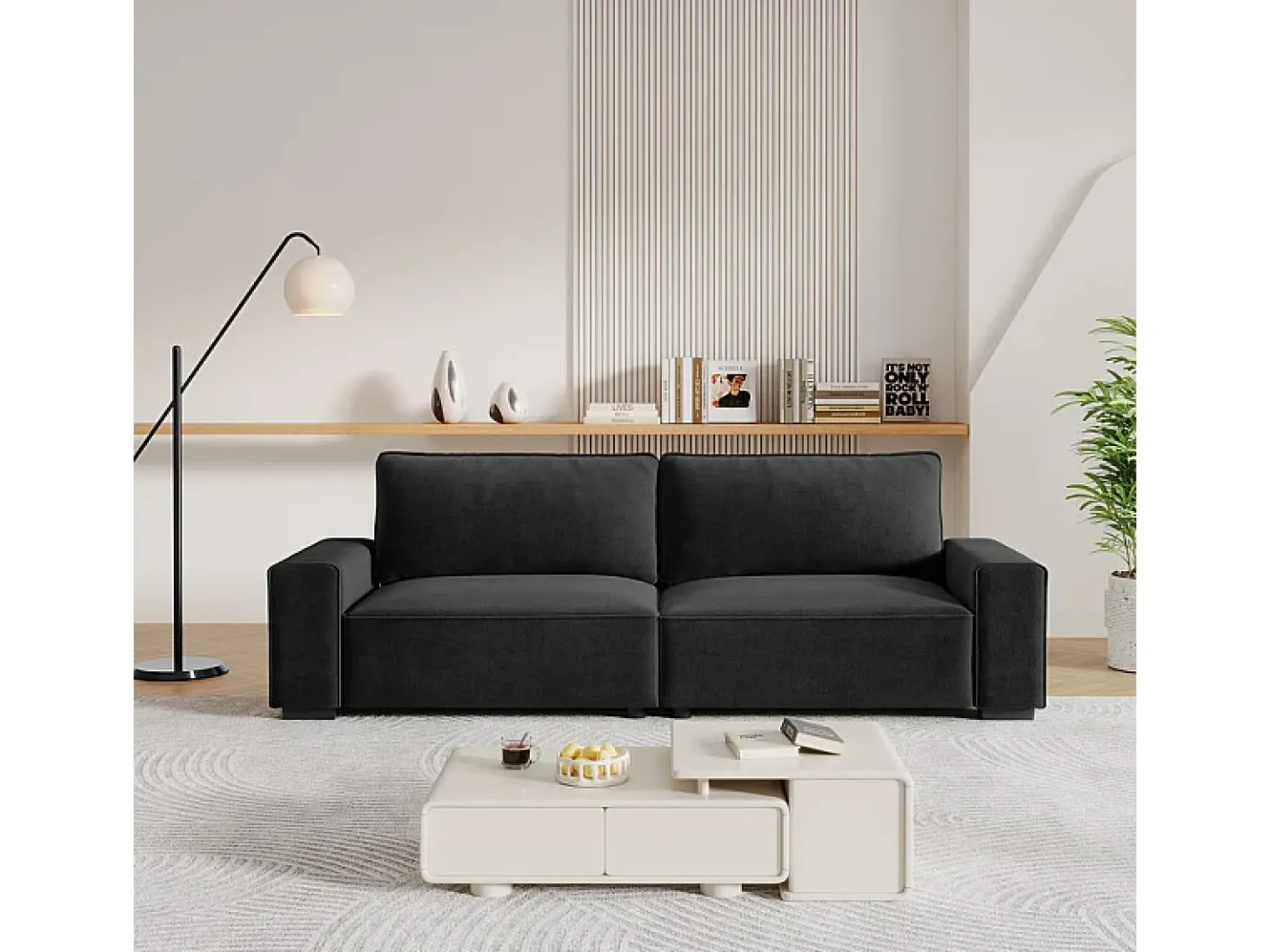 Sofá 3 lugares em chenille preto - com grandes braços - assento profundo 55cm - 220 x 83 x 88 cm