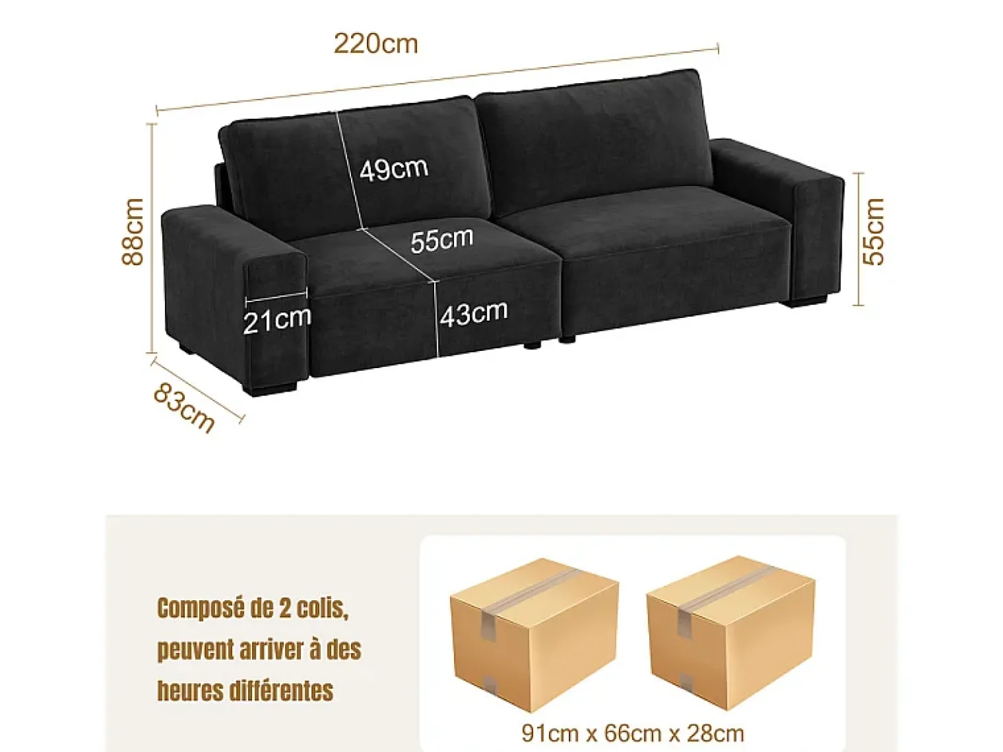 Sofá 3 lugares em chenille preto - com grandes braços - assento profundo 55cm - 220 x 83 x 88 cm