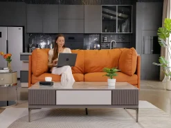 Sofá 2/3 lugares em couro sintético, com almofadas de assento profundas e confortáveis de 56 cm, 185x76x90 cm, laranja