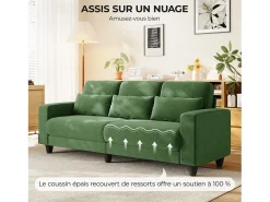 Sofá 3 lugares em tecido chenille verde - com 3 almofadas - capa removível lavável - 220x81x88cm