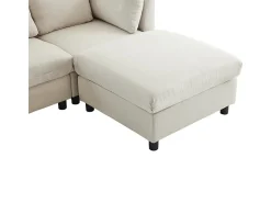 Sofá 3 lugares em tecido de linho, com puff, 3 almofadas lombares e 2 almofadas, 220x83x81cm, Bege