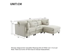 Sofá 3 lugares em tecido de linho, com puff, 3 almofadas lombares e 2 almofadas, 220x83x81cm, Bege