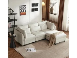 Sofá 3 lugares em tecido de linho, com puff, 3 almofadas lombares e 2 almofadas, 220x83x81cm, Bege