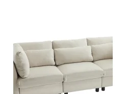 Sofá 3 lugares em tecido de linho, com puff, 3 almofadas lombares e 2 almofadas, 220x83x81cm, Bege