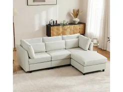 Sofá 3 lugares em tecido de linho, com puff, 3 almofadas lombares e 2 almofadas, 220x83x81cm, Bege