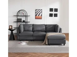 Sofá 3 lugares em tecido de linho, com puff, 3 almofadas lombares e 2 almofadas, 220x83x81cm, Cinza