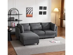 Sofá 3 lugares em tecido de linho, com puff, 3 almofadas lombares e 2 almofadas, 220x83x81cm, Cinza