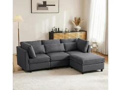 Sofá 3 lugares em tecido de linho, com puff, 3 almofadas lombares e 2 almofadas, 220x83x81cm, Cinza