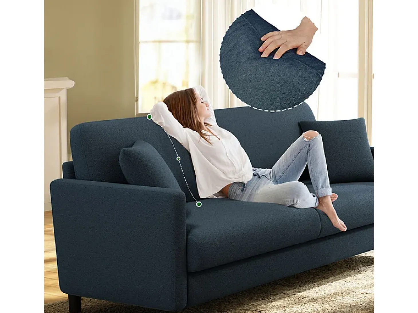 Sofá 2 lugares em tecido veludo teddy com 2 almofadas - Azul - 148 x 89 x 79 cm