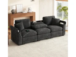 Sofá 3 lugares moderno - con almofadas e mesa dobrável - inclui portas USB e porta-copos - tecido de chenille - cinza