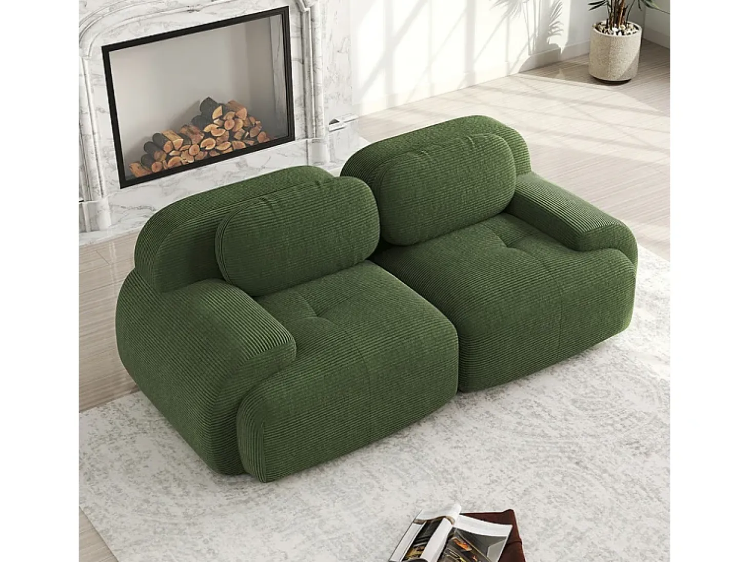 Sofá 2 Lugares Modular de Veludo Cannelado - com 2 Almofadas - 208x103x75cm - Verde