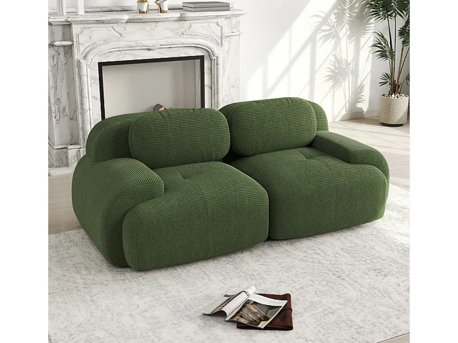 Sofá 2 Lugares Modular de Veludo Cannelado - com 2 Almofadas - 208x103x75cm - Verde