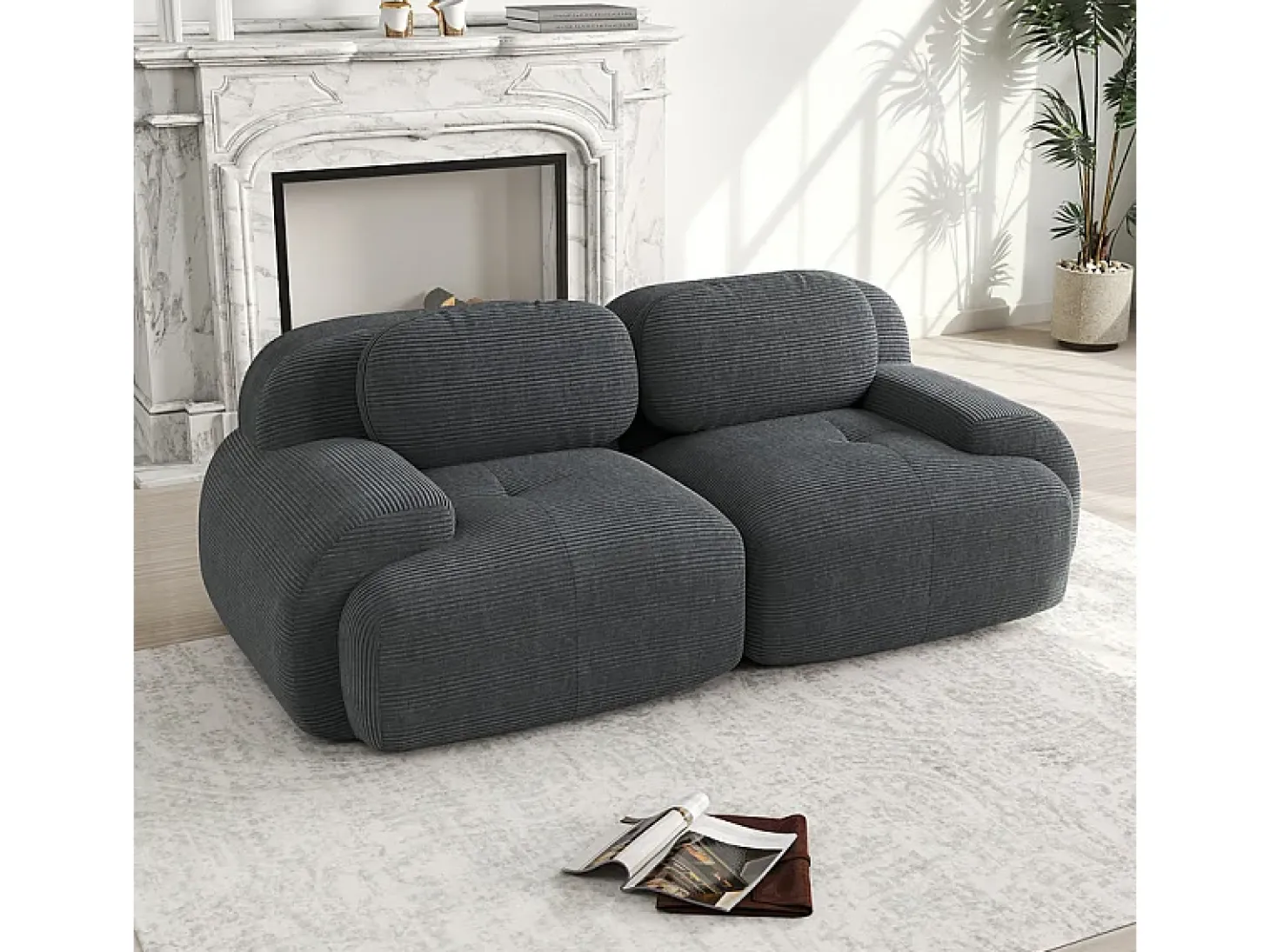 Sofá 2 Lugares Modular de Veludo Cannelado - com 2 Almofadas - 208x103x75cm - Cinza