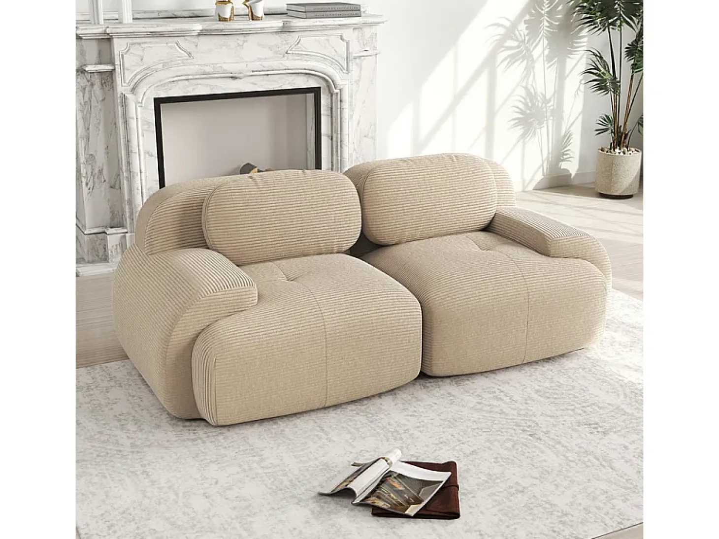 Sofá 2 Lugares Modular de Veludo Cannelado - com 2 Almofadas - 208x103x75cm - Bege