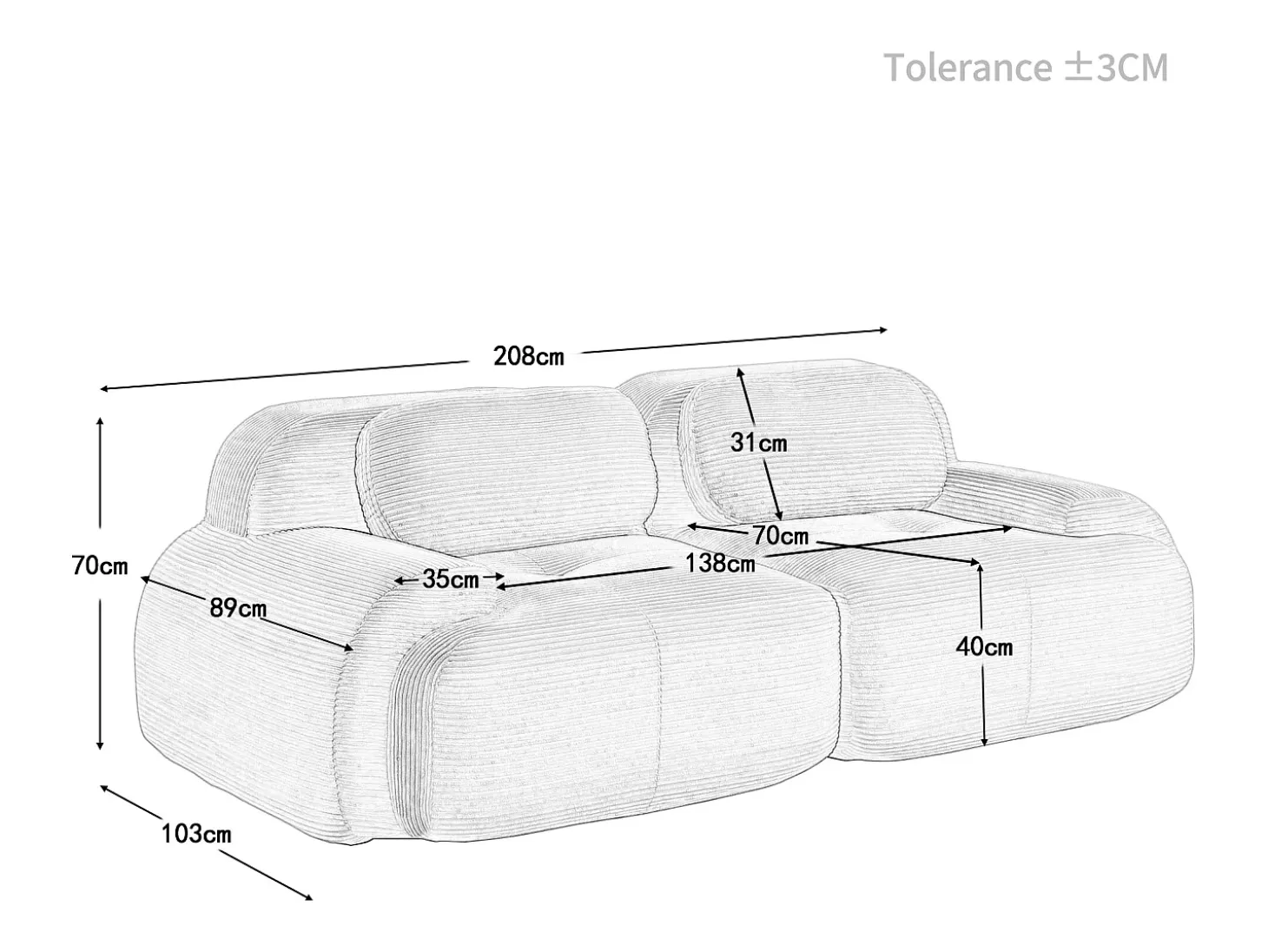 Sofá 2 Lugares Modular de Veludo Cannelado - com 2 Almofadas - 208x103x75cm - Bege