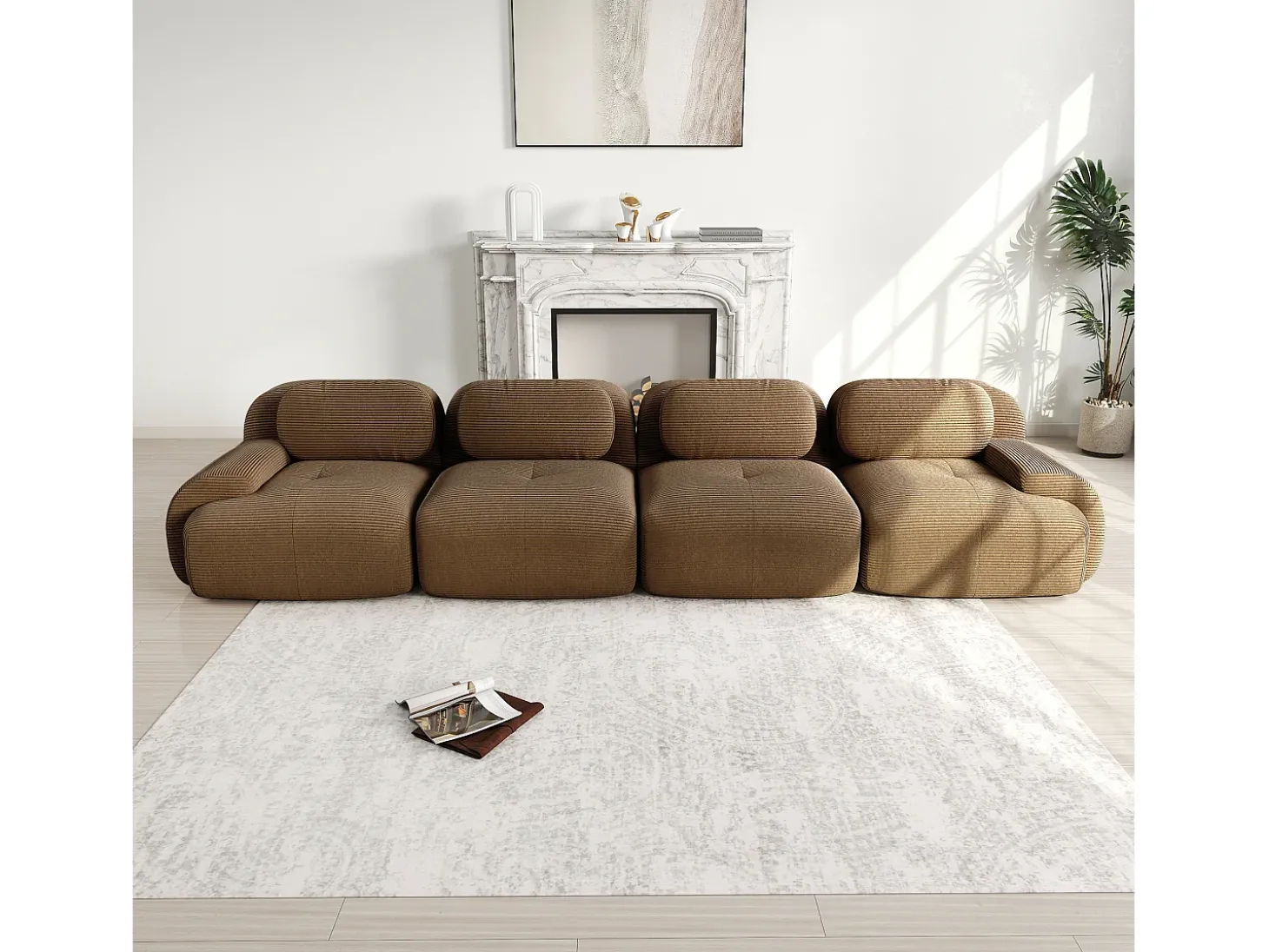 Sofá 4 lugares modular em Veludo cotelê - com 4 almofadas - 388x103x75cm - Marrom