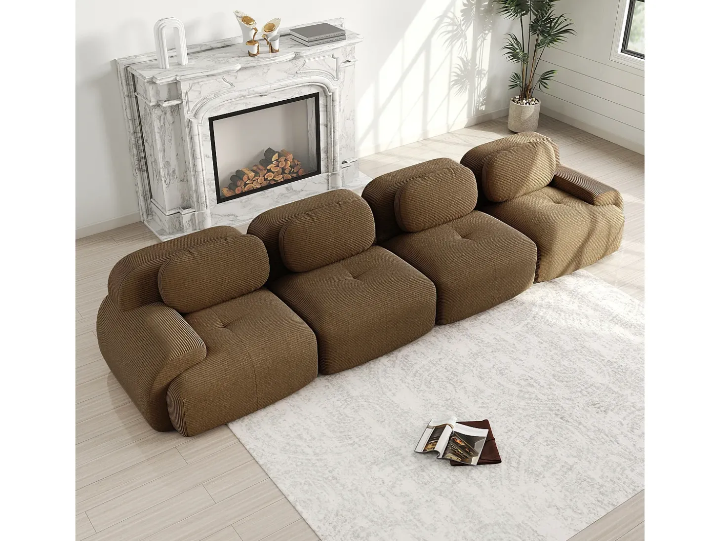 Sofá 4 lugares modular em Veludo cotelê - com 4 almofadas - 388x103x75cm - Marrom