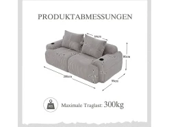 Sofá 2 lugares modular veludo canelado, porta-copos e bolso lateral, 200x99x80cm, Cinzento claro