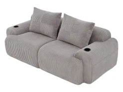 Sofá 2 lugares modular veludo canelado, porta-copos e bolso lateral, 200x99x80cm, Cinzento claro
