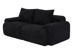 Sofá 2 lugares modular veludo canelado, porta-copos e bolso lateral, 200x99x80cm, Preto