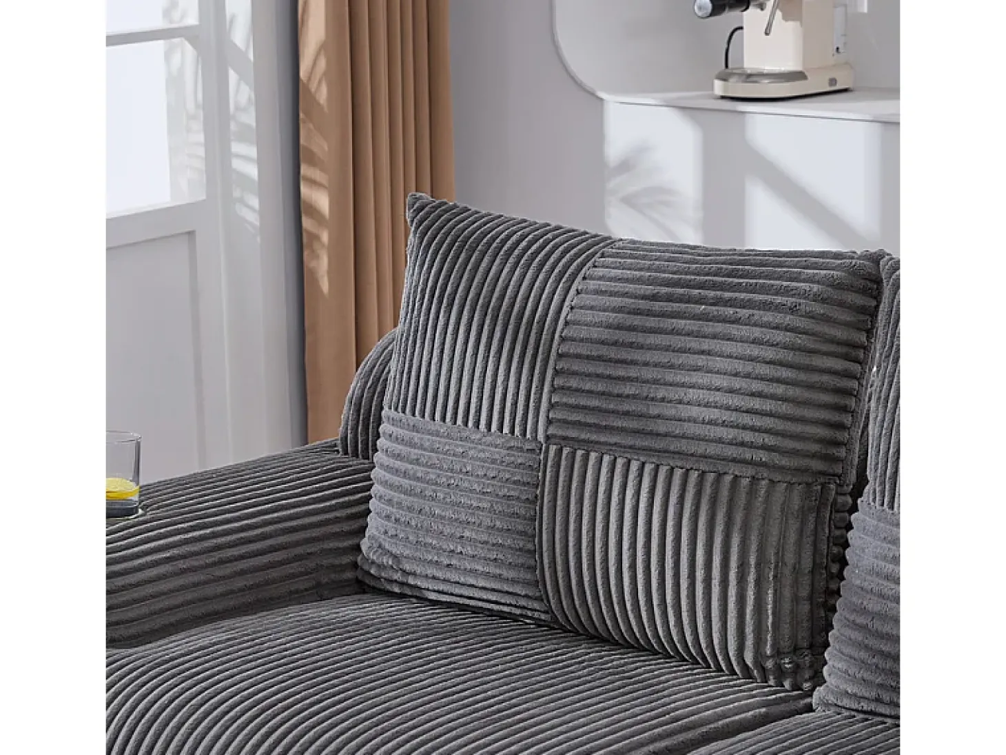 Sofá 2 lugares modular veludo canelado, porta-copos e bolso lateral, 200x99x80cm, Cinzento antracite